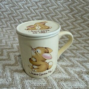 Vintage Hallmark Mug Mates Coffee Cup w Lid Jesus Loves Me & You Bunny